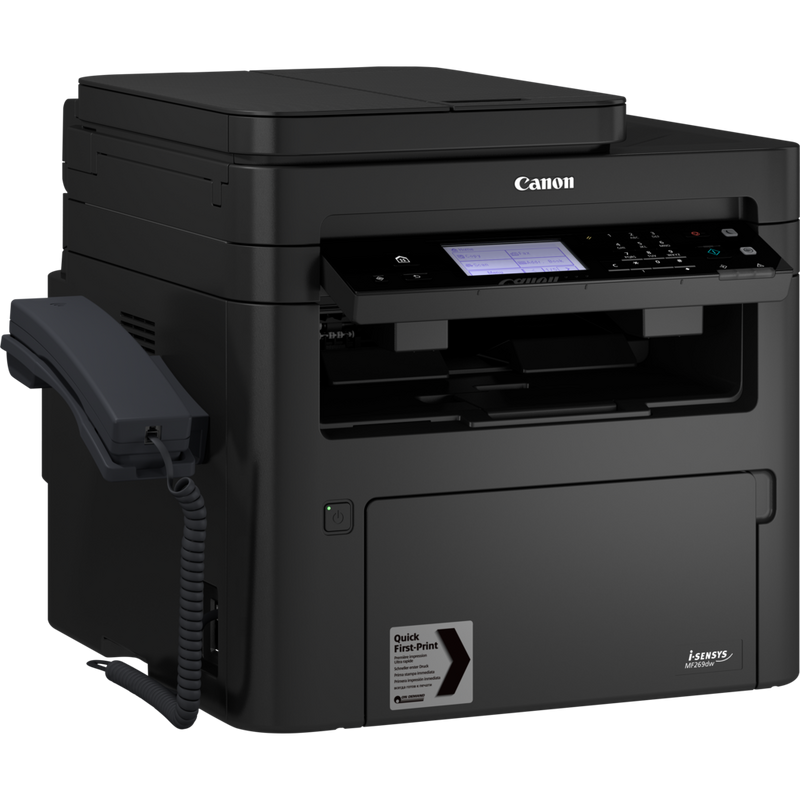 Canon i-SENSYS MF269dw Schwarzweiß-Laser-Multifunktionssystem Produkt Ansicht von links mit Telefon