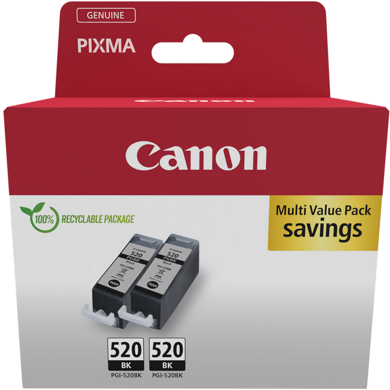 Canon PGI-520BK Black Ink Cartridge (Twin Pack) Product Package front view