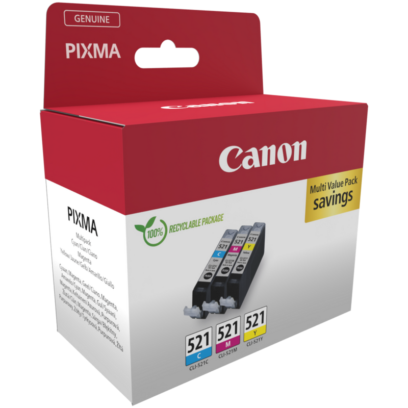 Canon CLI-521 C/M/Y Colour Ink Cartridge Multipack Product Package angled view