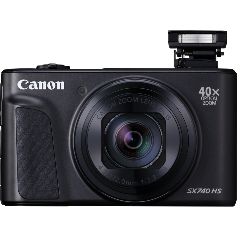 Canon PowerShot SX740 HS – Schwarz Produkt Vorderansicht mit ausgeklapptem Blitz