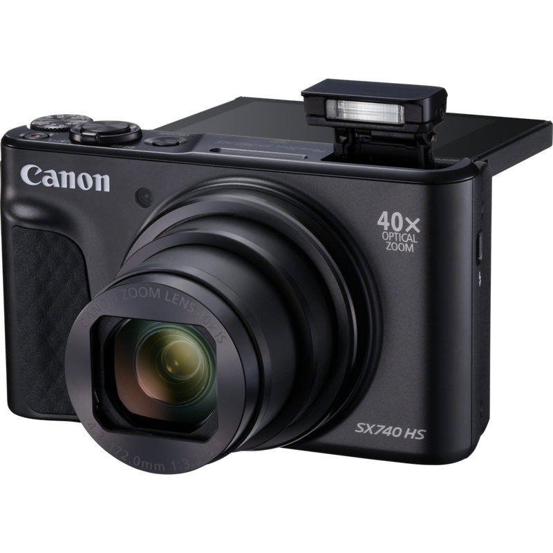 Canon PowerShot SX740 HS – Schwarz Produkt Vorderansicht mit ausgeklapptem Blitz