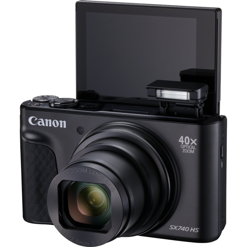 Canon PowerShot SX740 HS – Schwarz Produkt Vorderansicht mit ausgeklapptem Blitz