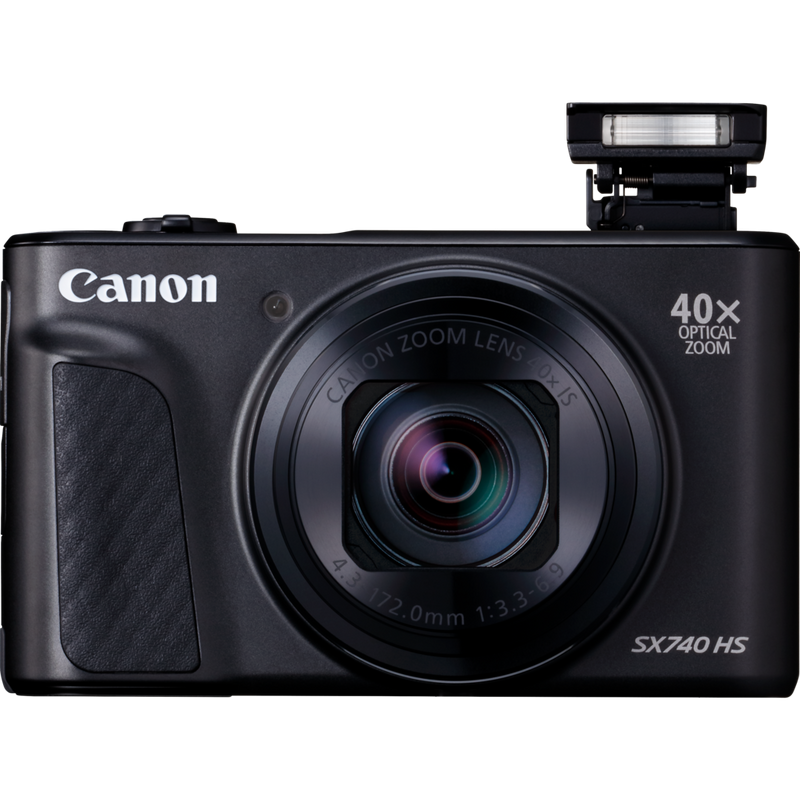 Canon PowerShot SX740 HS Lite Edition – Schwarz Produkt Vorderansicht mit ausgeklapptem Blitz