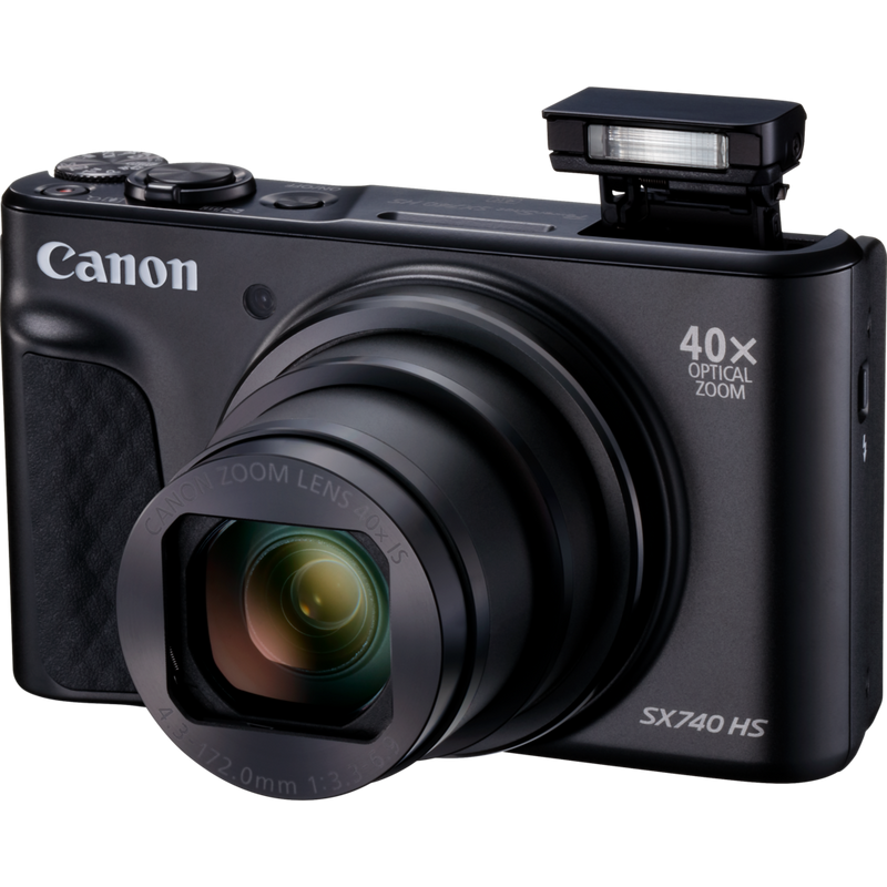 Canon PowerShot SX740 HS Lite Edition – Schwarz Produkt Vorderansicht mit ausgeklapptem Blitz