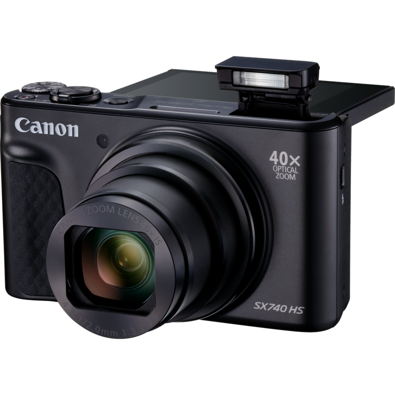 Canon PowerShot SX740 HS Lite Edition – Schwarz Produkt Vorderansicht mit ausgeklapptem Blitz