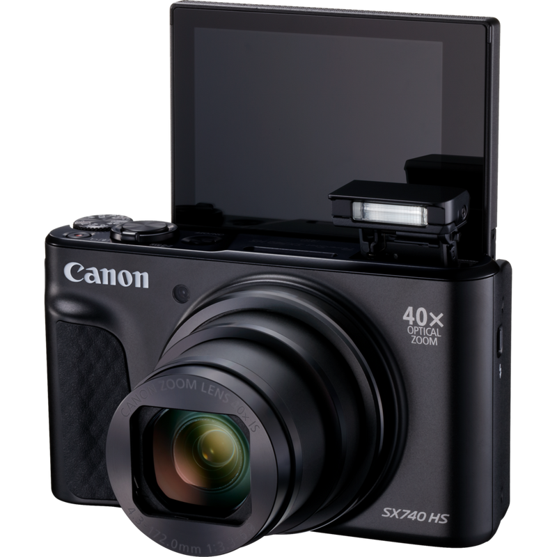 Canon PowerShot SX740 HS Lite Edition – Schwarz Produkt Vorderansicht mit ausgeklapptem Blitz