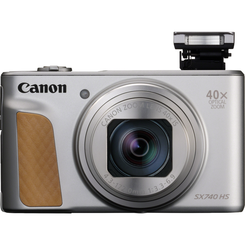 Canon PowerShot SX740 HS – Silber Produkt Vorderansicht mit ausgeklapptem Blitz