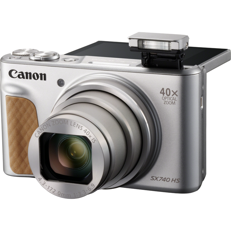 Canon PowerShot SX740 HS – Silber Produkt Vorderansicht mit ausgeklapptem Blitz