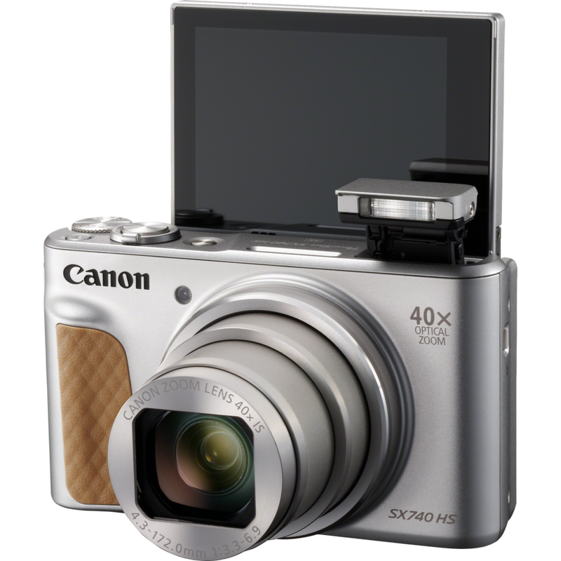 Canon PowerShot SX740 HS – Silber Produkt Vorderansicht mit ausgeklapptem Blitz