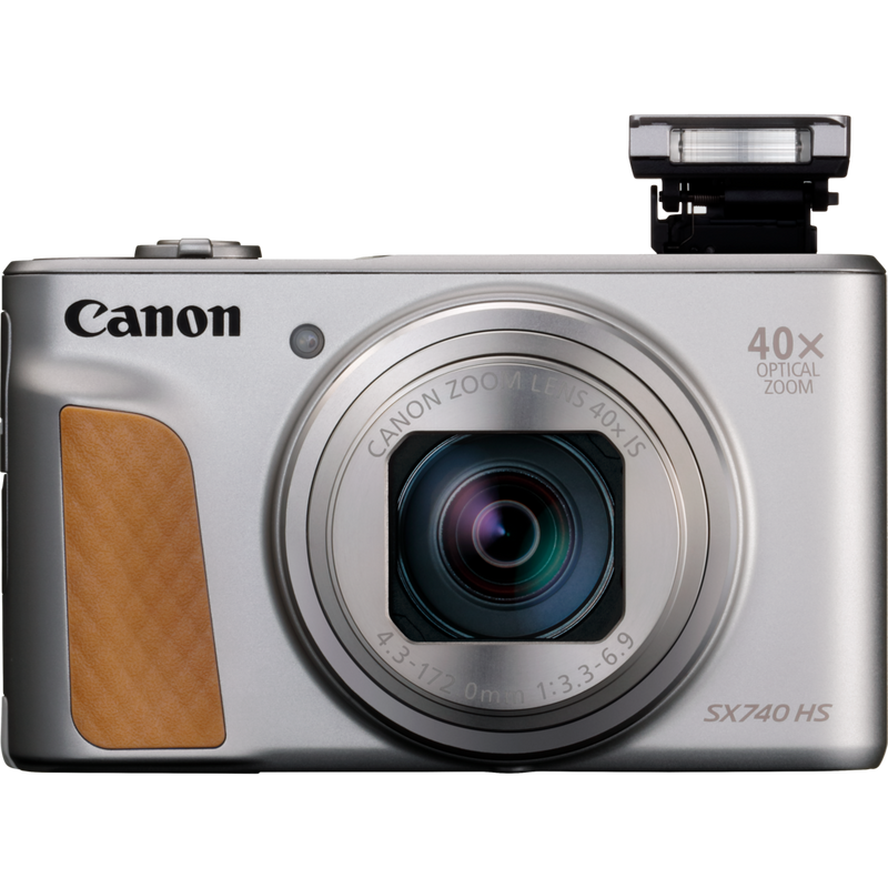Canon PowerShot SX740 HS Lite Edition – Silber Produkt Vorderansicht mit ausgeklapptem Blitz