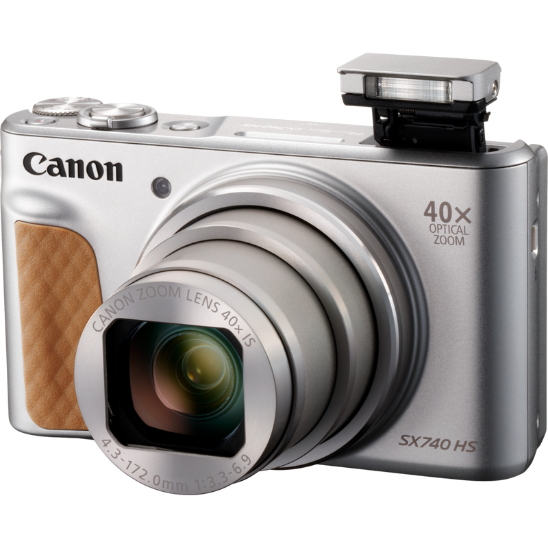 Canon PowerShot SX740 HS Lite Edition – Silber Produkt Vorderansicht mit ausgeklapptem Blitz
