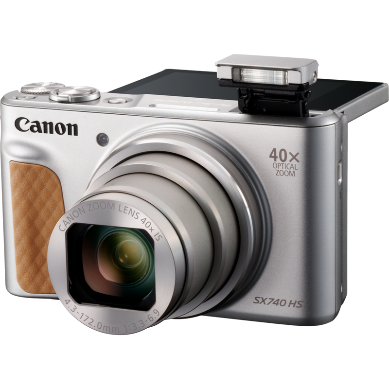 Canon PowerShot SX740 HS Lite Edition – Silber Produkt Vorderansicht mit ausgeklapptem Blitz
