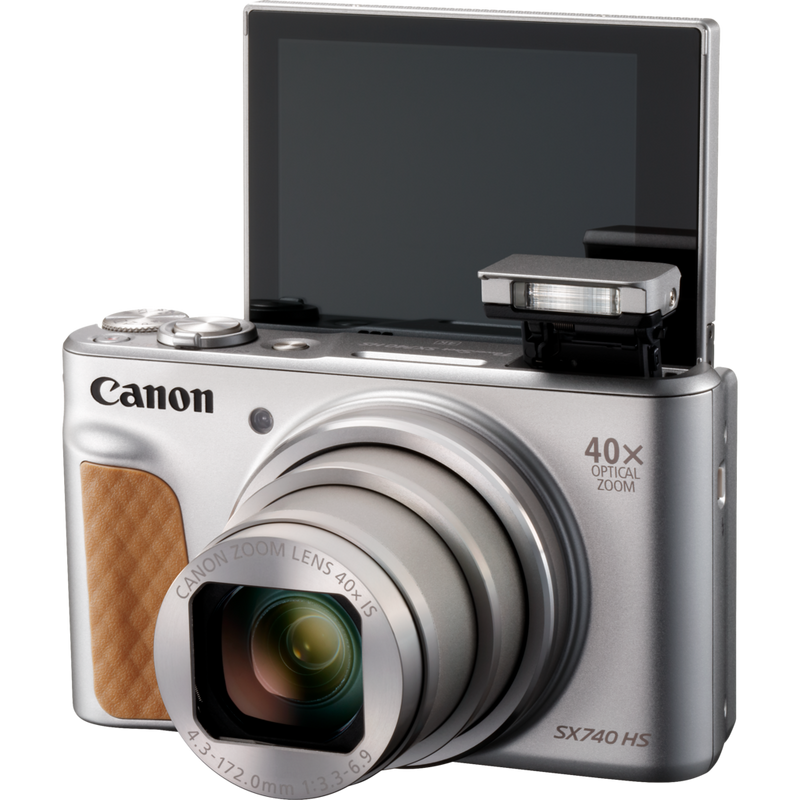 Canon PowerShot SX740 HS Lite Edition – Silber Produkt Vorderansicht mit ausgeklapptem Blitz