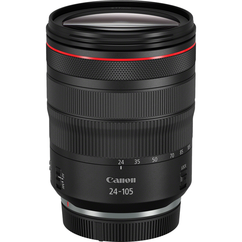 Canon RF 24-105mm F4L IS USM Objektiv Produkt Diagonale Draufsicht mit Staubkappe