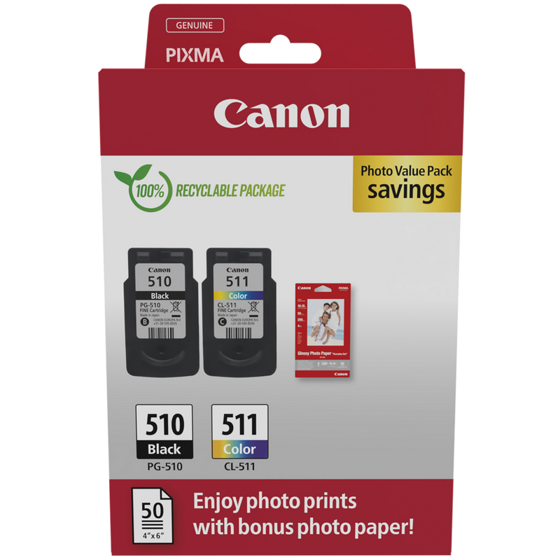 Canon PG-510/CL-511 Ink Cartridge + Photo Paper Value PackProduct Front View