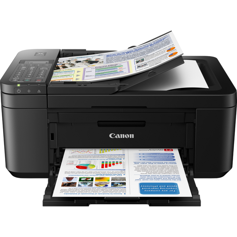Canon PIXMA TR4550 4-in-1-Multifunktionssystem, Schwarz Produkt Vorderansicht mit ausgeklapptem Papierfach und Papierstütze