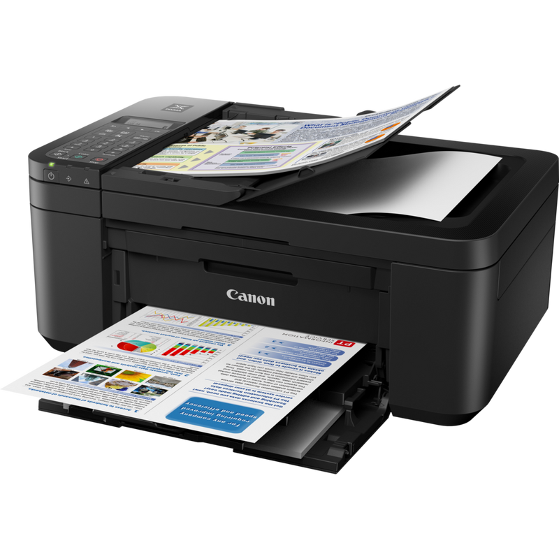 Canon PIXMA TR4550 4-in-1-Multifunktionssystem, Schwarz Produkt Schrägansicht von vorne mit ausgeklapptem Papierfach und Papierstütze