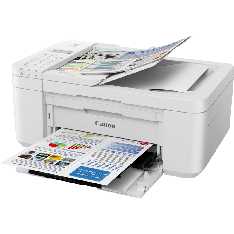 Canon PIXMA TR4551 4-in-1-Multifunktionssystem, Weiß Produkt Schrägansicht von vorne mit ausgeklapptem Papierfach und Papierstütze