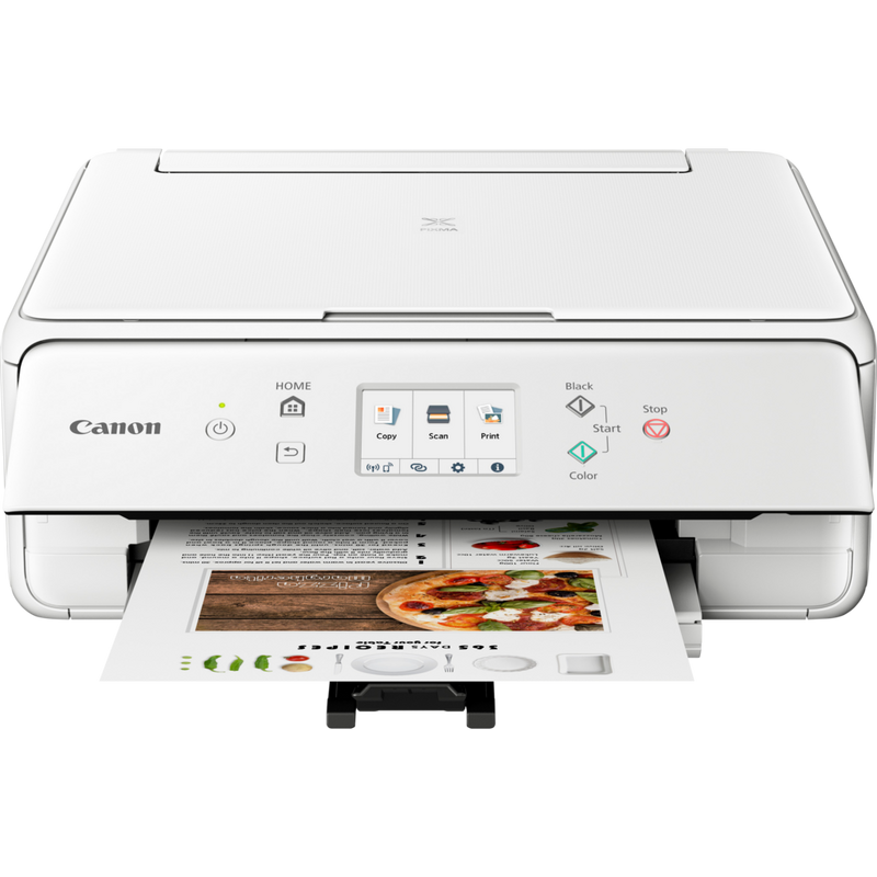 Canon PIXMA TS6251 Tintenstrahl-Multifunktionssystem, Weiß Produkt Vorderansicht mit ausgeklapptem Papierfach