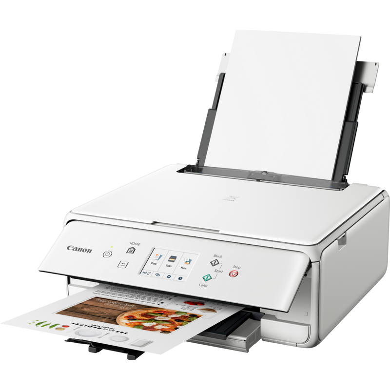 Canon PIXMA TS6251 Tintenstrahl-Multifunktionssystem, Weiß Produkt Schrägansicht von vorne mit ausgeklapptem Papierfach und Papierstütze