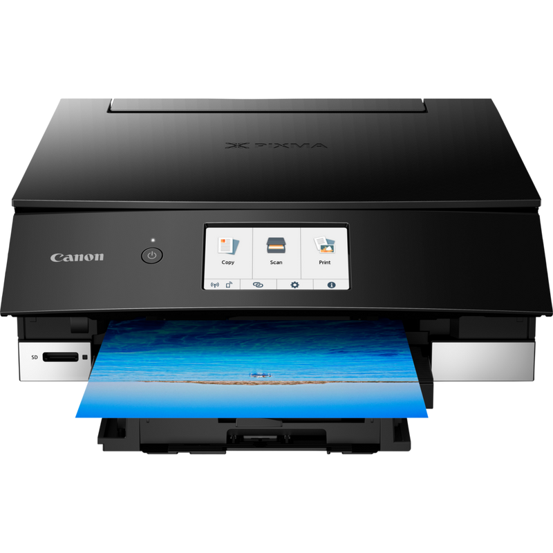 Canon PIXMA TS8250 Multifunktionssystem, Schwarz Produkt Vorderansicht mit ausgeklapptem Papierfach