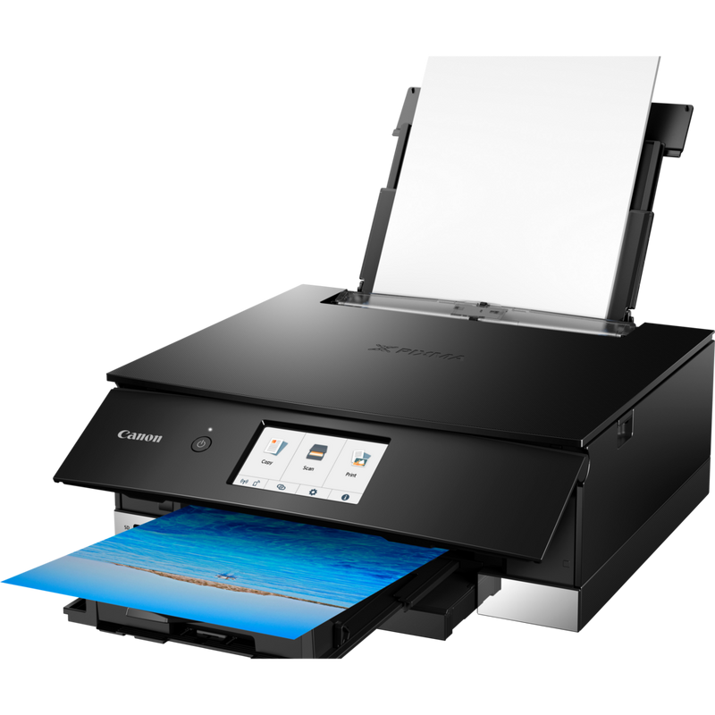 Canon PIXMA TS8250 Multifunktionssystem, Schwarz Produkt Schrägansicht von vorne mit ausgeklapptem Papierfach und Papierstütze