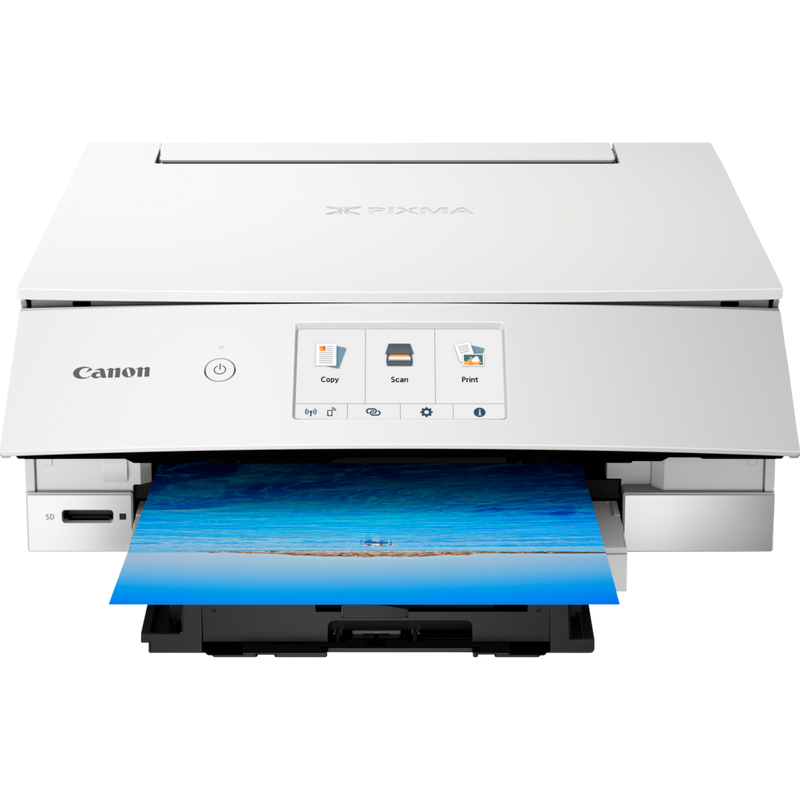 Canon PIXMA TS8251 Multifunktionssystem, Weiß Produkt Vorderansicht mit ausgeklapptem Papierfach