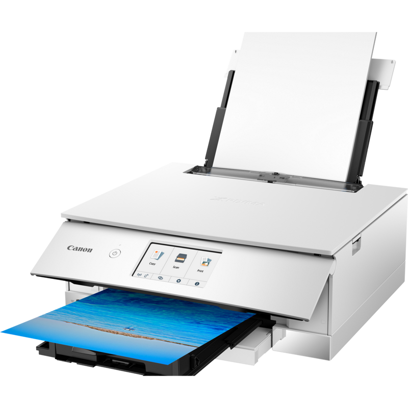 Canon PIXMA TS8251 Multifunktionssystem, Weiß Produkt Schrägansicht von vorne mit ausgeklapptem Papierfach und Papierstütze