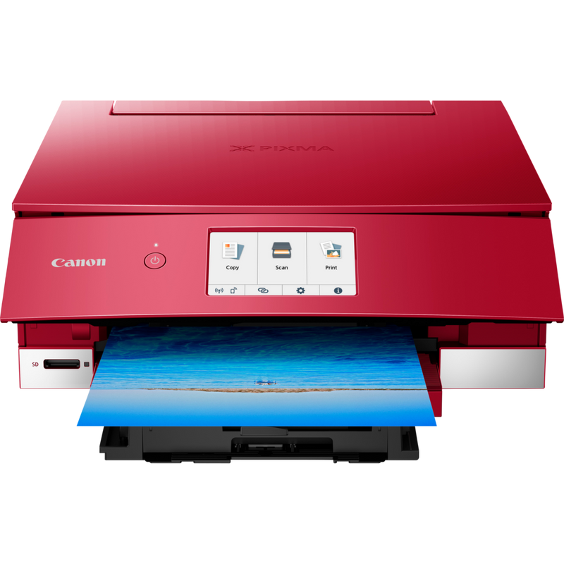Canon PIXMA TS8252 Multifunktionssystem, Rot Produkt Vorderansicht mit ausgeklapptem Papierfach