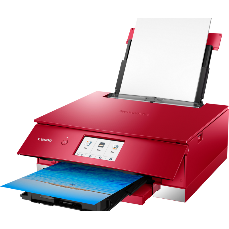 Canon PIXMA TS8252 Multifunktionssystem, Rot Produkt Schrägansicht von vorne mit ausgeklapptem Papierfach und Papierstütze