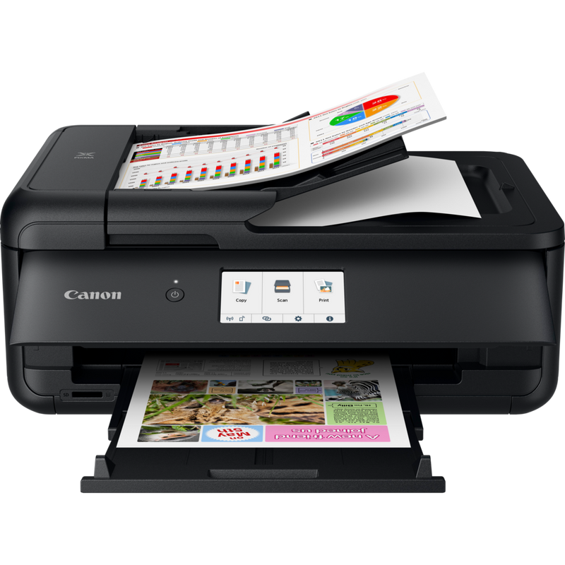 Canon PIXMA TS9550 Tintenstrahl-Multifunktionssystem, Schwarz Produkt Vorderansicht mit ausgeklapptem Papierfach und Papierstütze