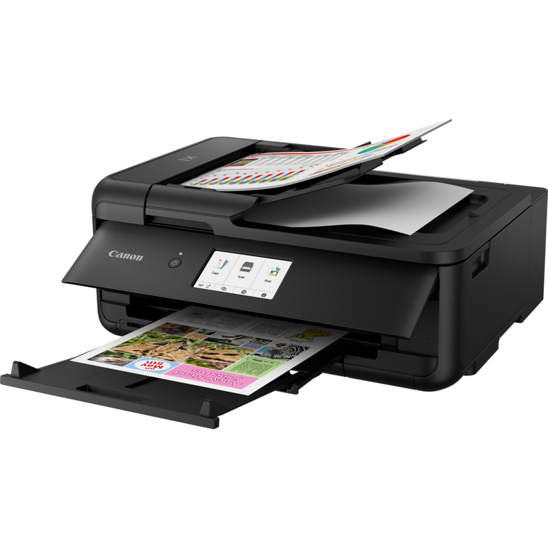 Canon PIXMA TS9550 Tintenstrahl-Multifunktionssystem, Schwarz Produkt Schrägansicht von vorne mit ausgeklapptem Papierfach und Papierstütze