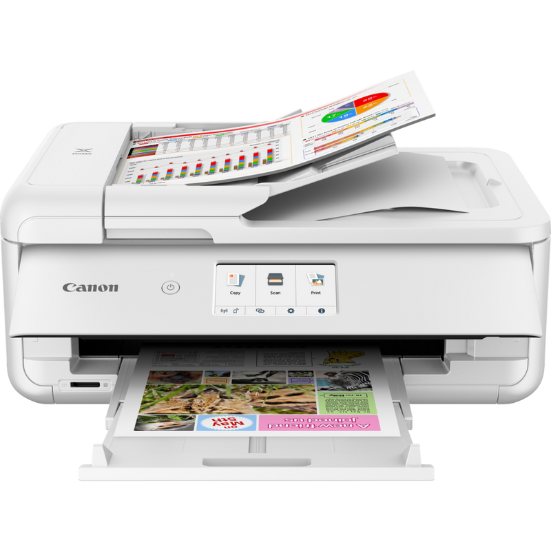 Canon PIXMA TS9551C Tintenstrahl-Multifunktionssystem, Weiß Produkt Vorderansicht mit ausgeklapptem Papierfach und Papierstütze
