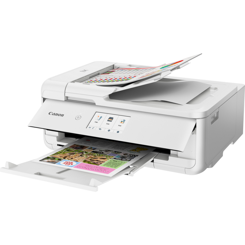 Canon PIXMA TS9551C Tintenstrahl-Multifunktionssystem, Weiß Produkt Schrägansicht von vorne mit ausgeklapptem Papierfach und Papierstütze
