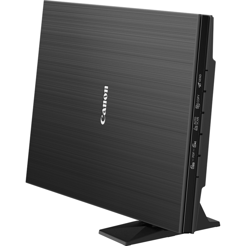 Canon CanoScan LiDE 400 Flachbettscanner, Schwarz Produkt Vorderansicht von links mit dem Produkt auf einem Standfuß