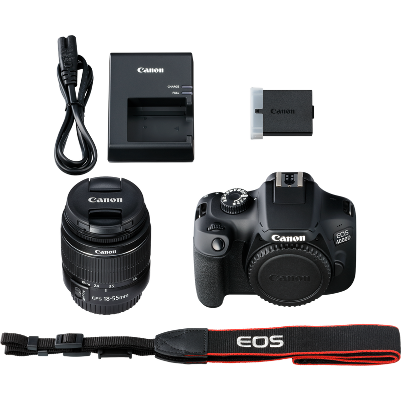 Canon EOS 4000D Gehäuse + EF-S 18-55mm III Objektiv Produkt Lieferumfang