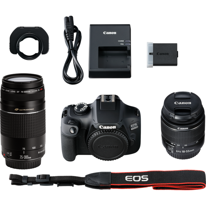 Canon EOS 4000D Gehäuse + EF-S 18-55mm III + EF 75-300mm III Produkt Lieferumfang