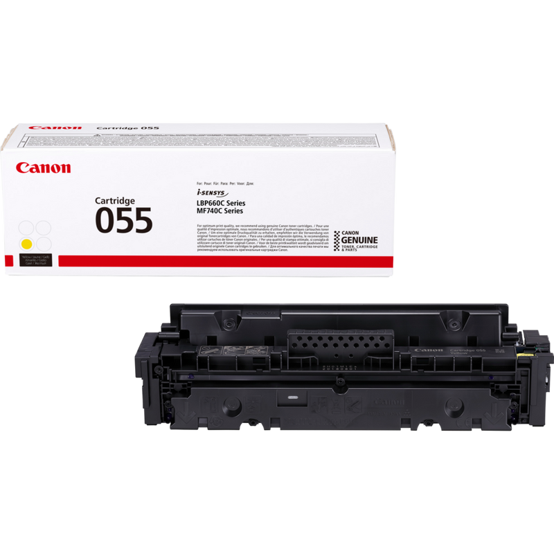 Canon 055 Toner-Cartridge, Gelb Produkt Verpackung und Patrone