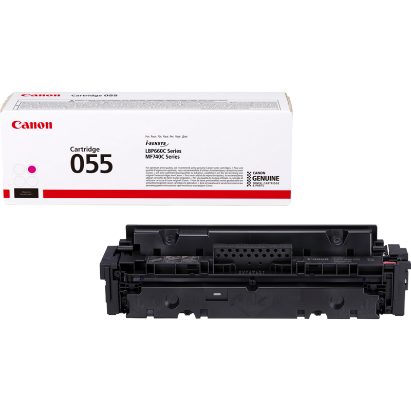 Canon 055 Toner-Cartridge, Magenta Produkt Verpackung und Patrone