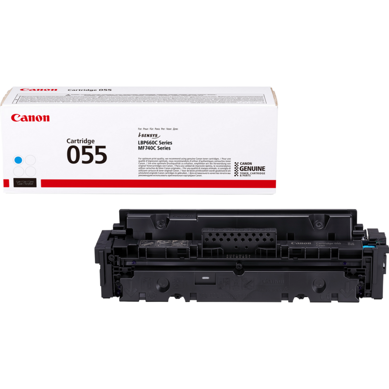 Canon 055 Toner-Cartridge, Cyan Produkt Verpackung und Patrone