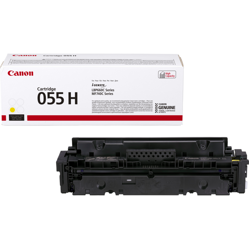 Canon 055 H High Yield Toner-Cartridge, Gelb Produkt Verpackung und Patrone