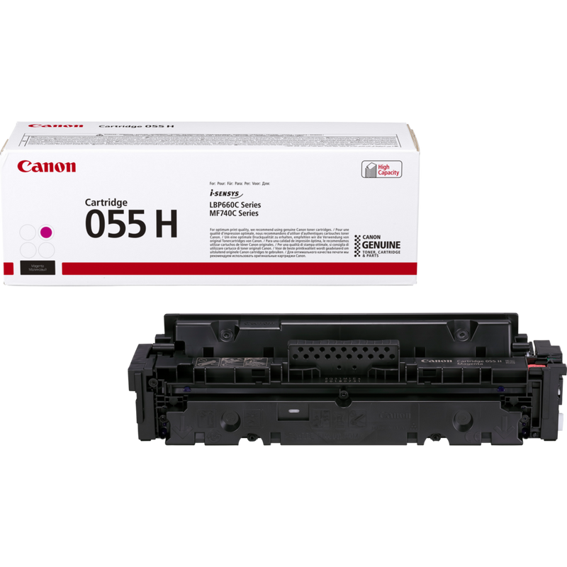 Canon 055 H High Yield Toner-Cartridge, Magenta Produkt Verpackung und Patrone