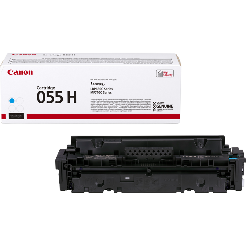 Canon 055 H High Yield Toner-Cartridge, Cyan Produkt Verpackung und Patrone