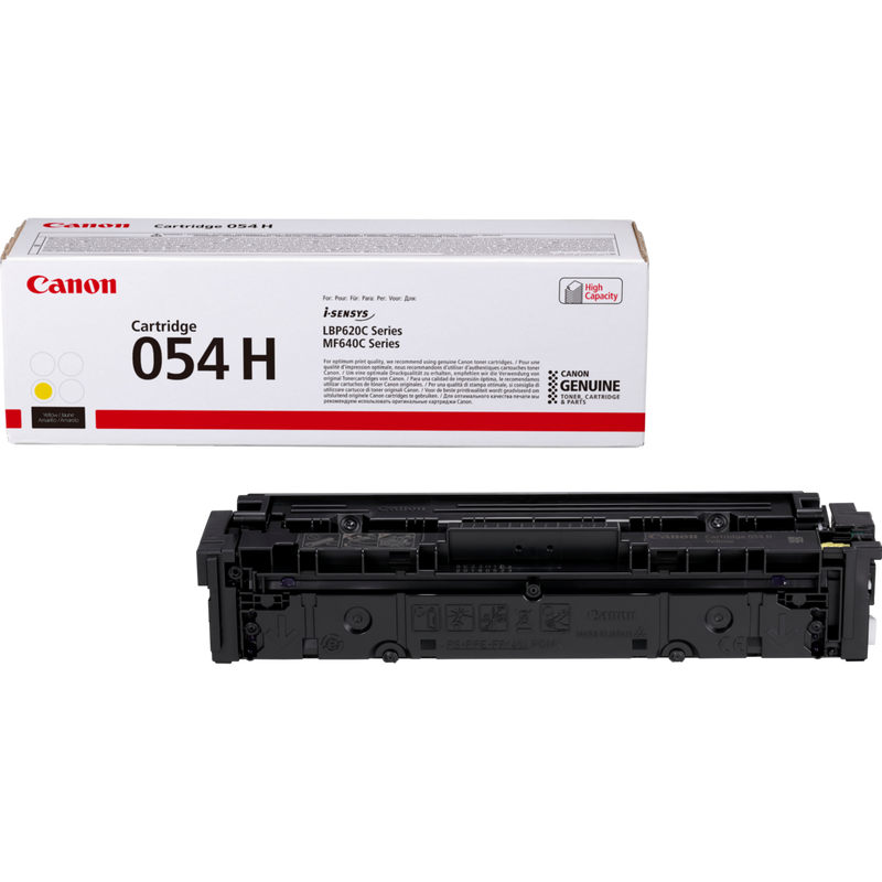 Canon 054 H High Yield Toner-Cartridge, Gelb Produkt Verpackung und Patrone