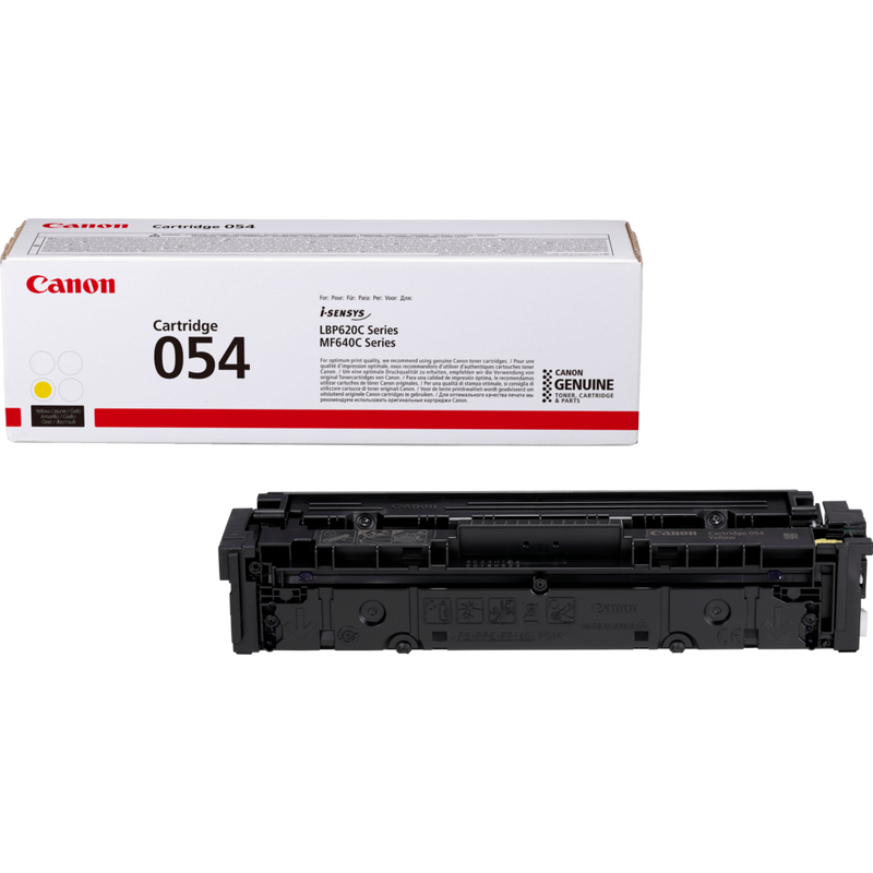 Canon 054 Toner-Cartridge, Gelb Produkt Verpackung und Patrone