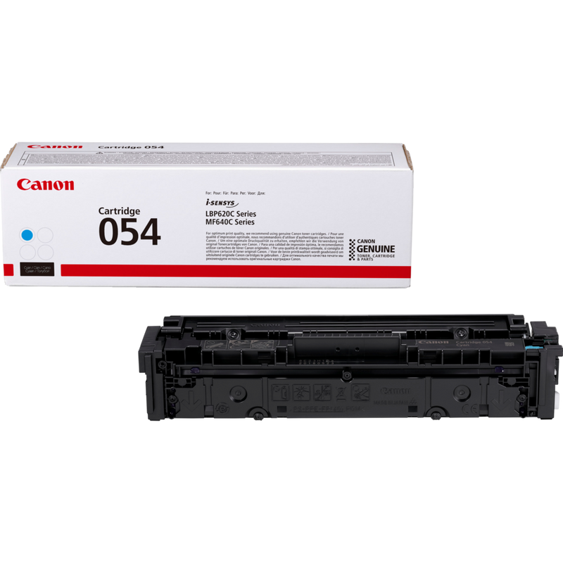Canon 054 Toner-Cartridge, Cyan Produkt Verpackung und Patrone