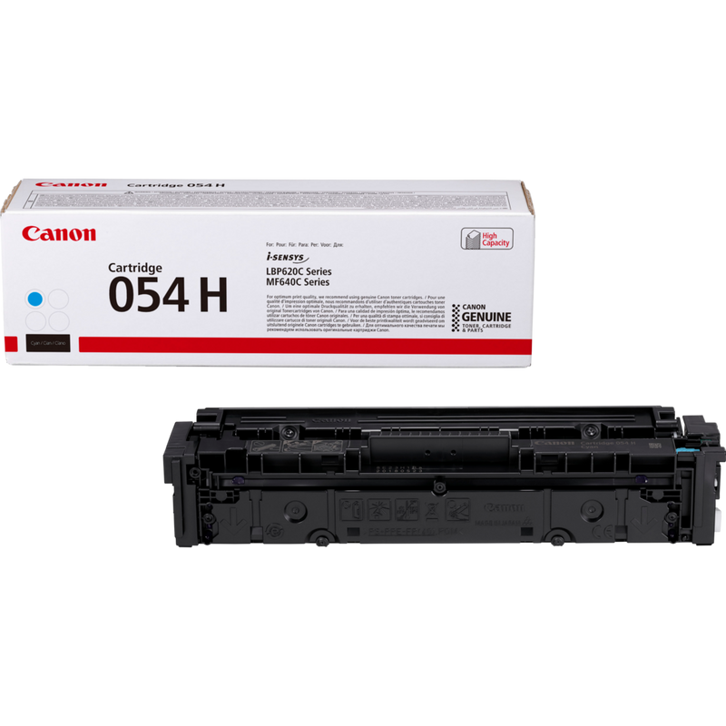 Canon 054 H High Yield Toner-Cartridge, Cyan Produkt Verpackung und Patrone