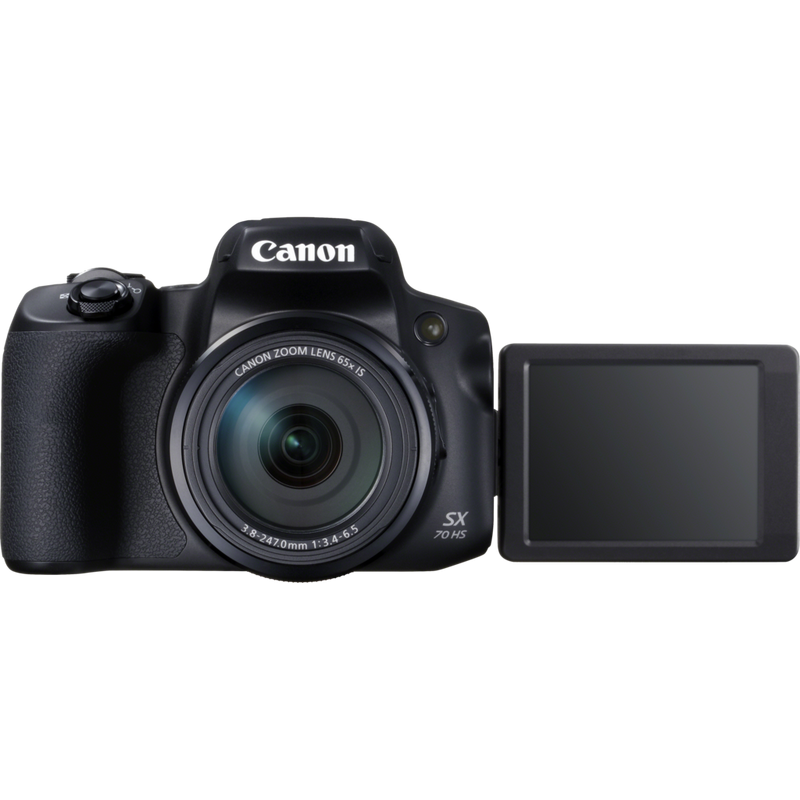 Canon PowerShot SX70 HS Produkt Vorderansicht mit Bildschirm an der Vorderseite
