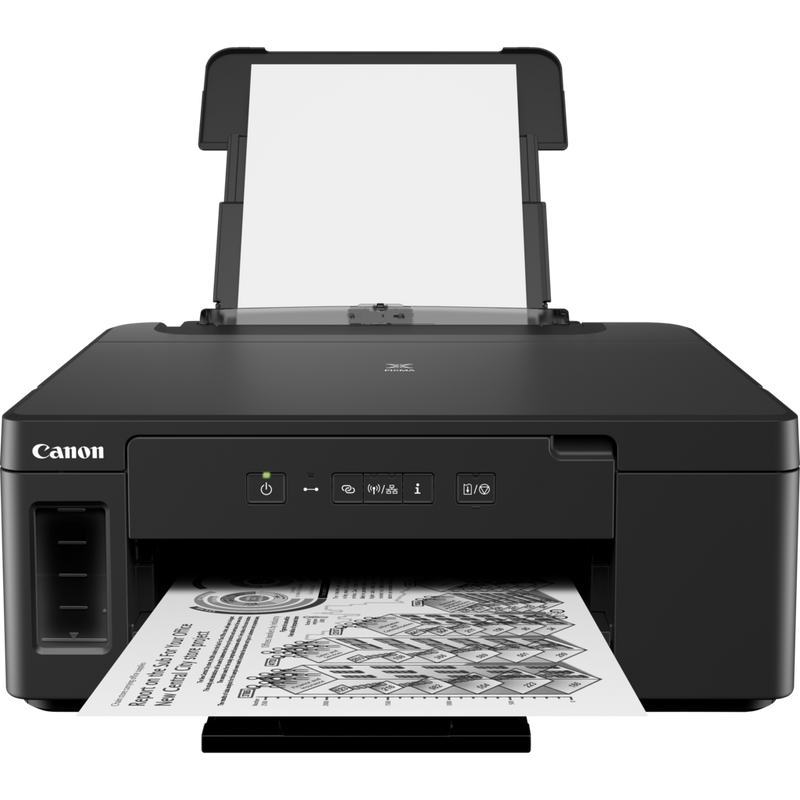 Canon PIXMA GM2050 MegaTank S/W-Drucker mit nachfüllbarem Tintenbehälter Produkt Vorderansicht mit ausgeklapptem Papierfach und Papierstütze