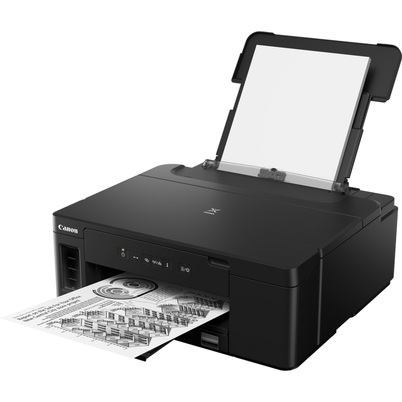 Canon PIXMA GM2050 MegaTank S/W-Drucker mit nachfüllbarem Tintenbehälter Produkt Schrägansicht von vorne mit ausgeklapptem Papierfach und Papierstütze